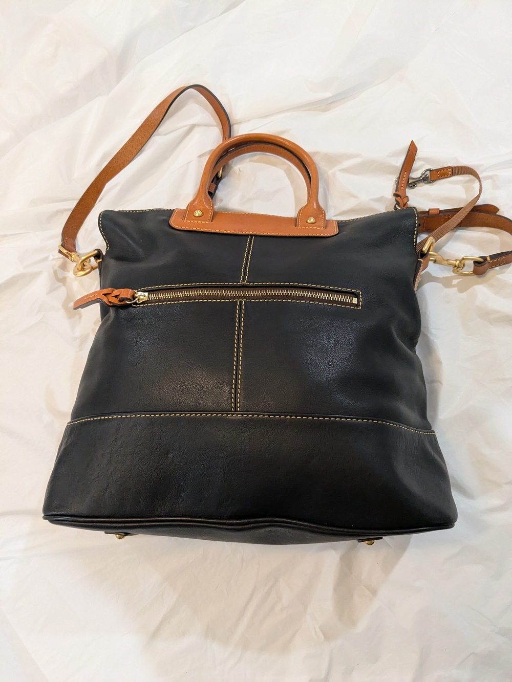 Dooney & Bourke Black Leather Zip-Top Tote with Tan Trim - Picture 2 of 15